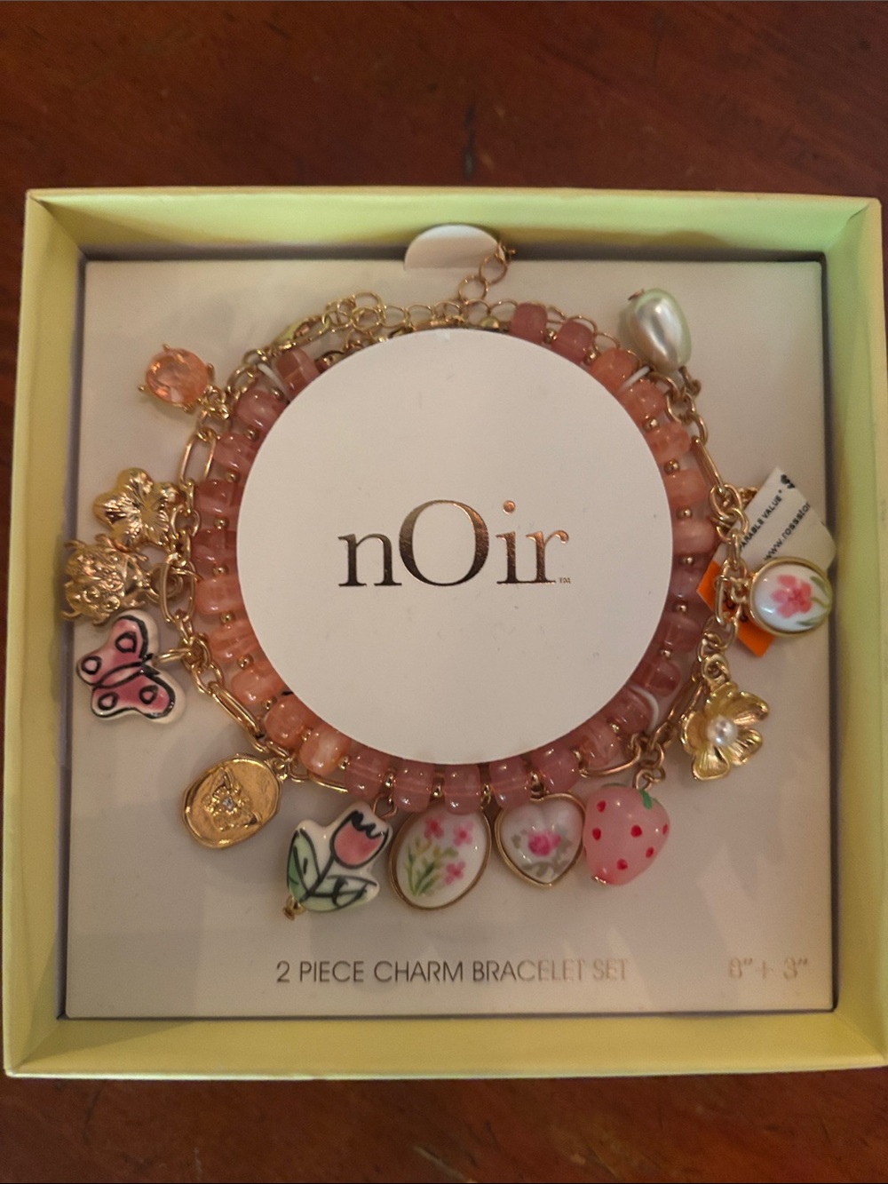 nOir Jewelry Pink Beaded Charm Bracelet Set with Floral & Strawberry Charms
